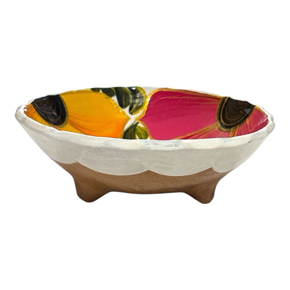 Hand Painted Pottery Footed Bowl Colorful Floral Folk Art Scalloped 6”